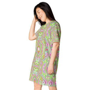 T Shirt Dress, Trippy Retro Pink and Lime Green Abstract Pattern