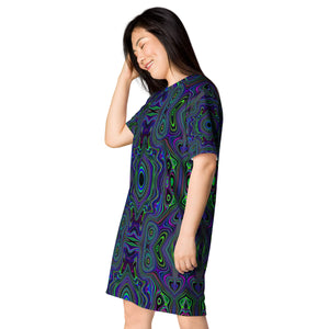 T Shirt Dress, Trippy Retro Royal Blue and Lime Green Abstract