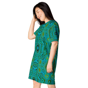 T Shirt Dress, Trippy Retro Turquoise Chartreuse Abstract Pattern