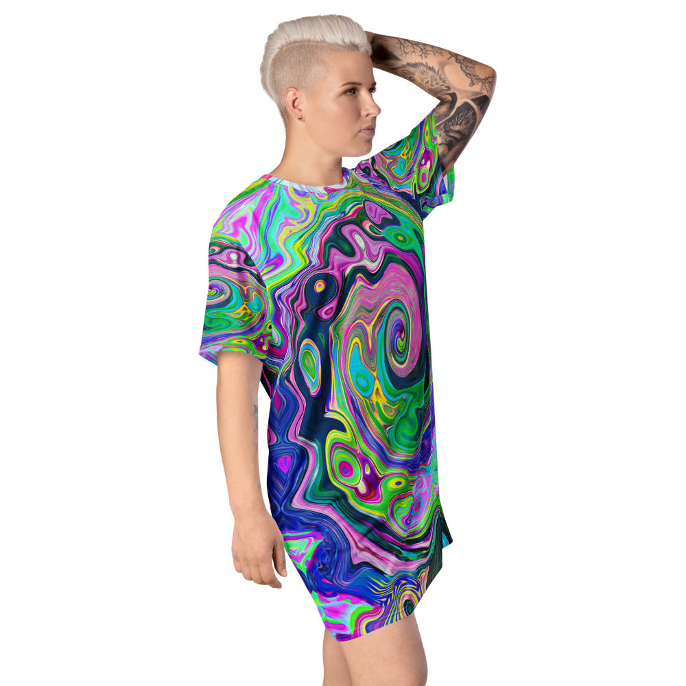 T Shirt Dresses, Groovy Abstract Aqua and Navy Lava Swirl All Over Print