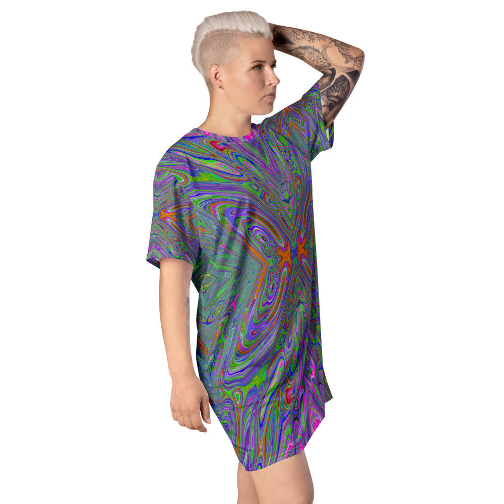 T Shirt Dresses, Abstract Trippy Purple, Orange and Lime Green Butterfly All Over Print