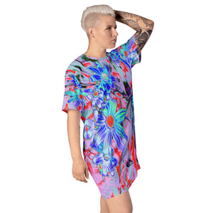 T Shirt Dresses, Retro Psychedelic Aqua and Orange Flowers All Over Print