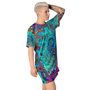 T Shirt Dresses, Trippy Sky Blue Abstract Retro Liquid Swirl All Over Print