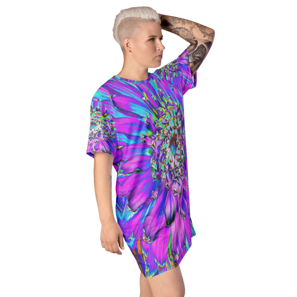 T Shirt Dress, Trippy Abstract Aqua, Lime Green and Purple Dahlia