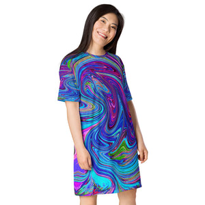 T Shirt Dress, Blue, Pink and Purple Groovy Abstract Retro Art - All Over Print
