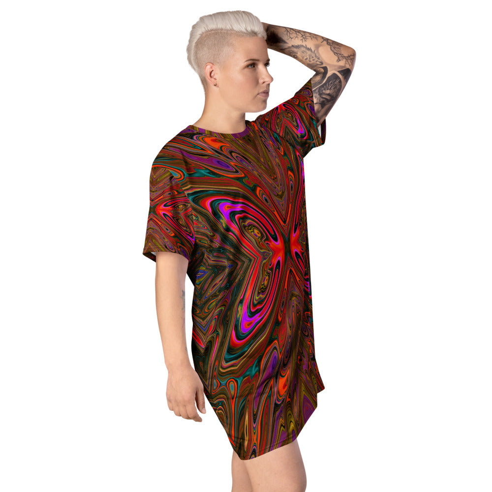 T Shirt Dress, Abstract Trippy Orange and Magenta Butterfly