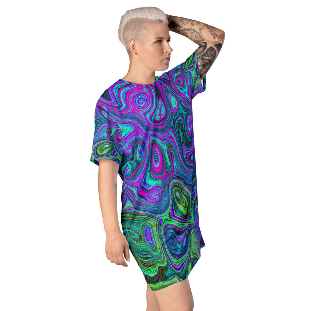 Trippy T Shirt Dress, Marbled Magenta and Lime Green Groovy Abstract Art