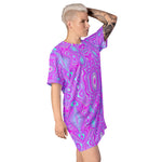 T Shirt Dress for Women, Trippy Hot Pink and Aqua Blue Abstract Pattern