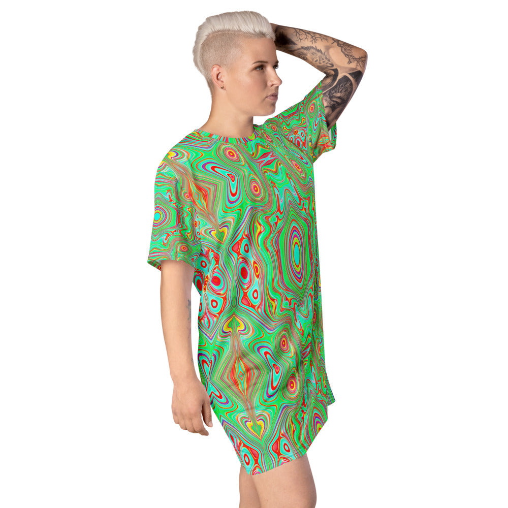T Shirt Dress, Trippy Retro Orange and Lime Green Abstract Pattern