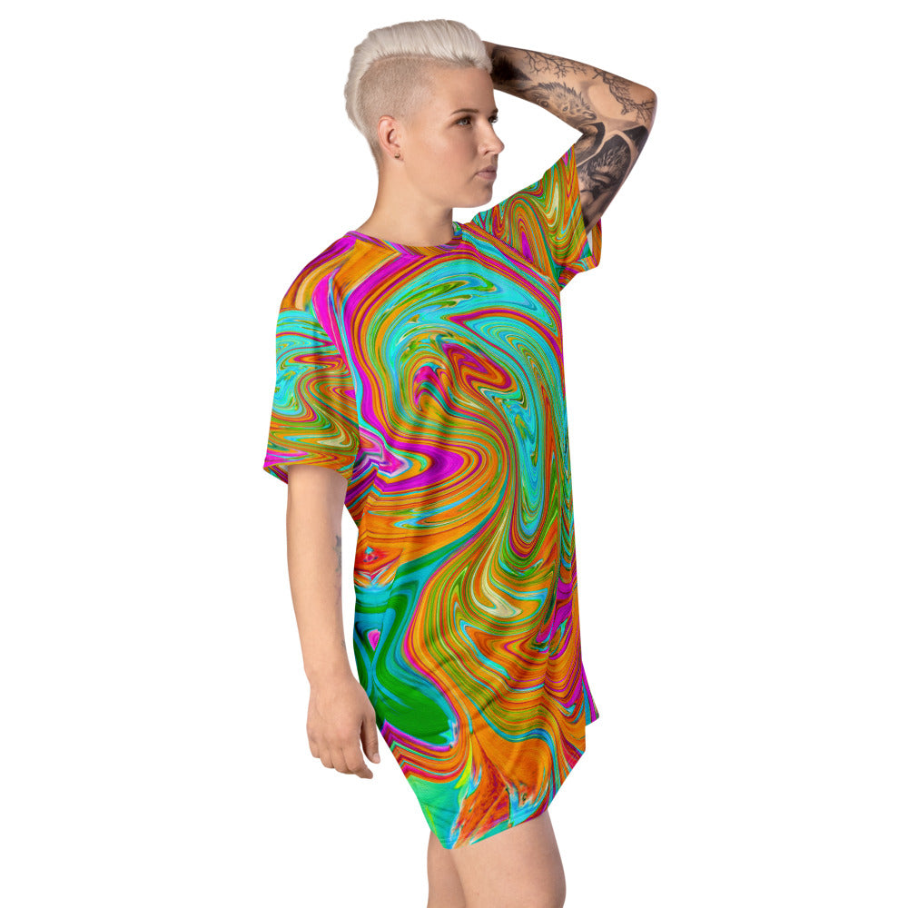 T Shirt Dress, Blue, Orange and Hot Pink Groovy Abstract Retro Art