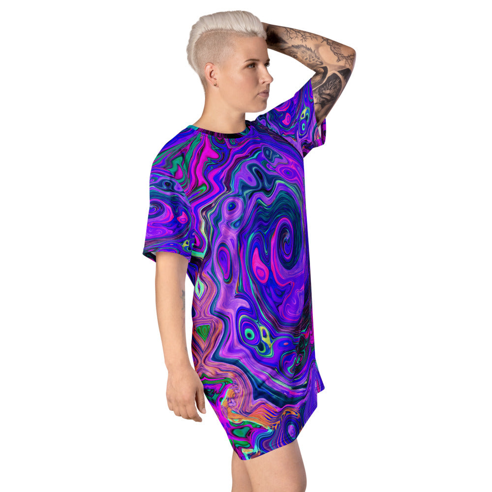 T Shirt Dress, Groovy Abstract Retro Magenta and Purple Swirl