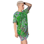 T Shirt Dress, Trippy Lime Green and Pink Abstract Retro Swirl