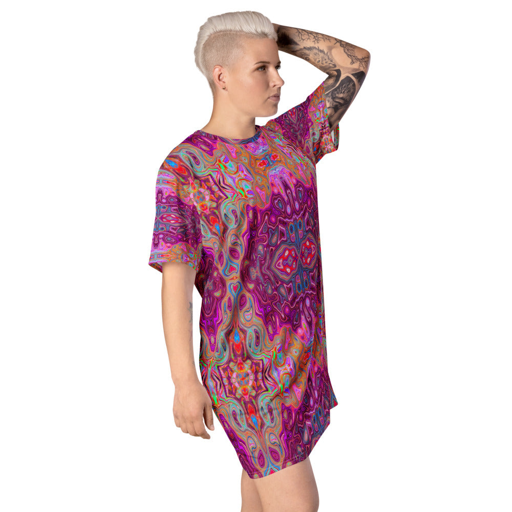 T Shirt Dress, Abstract Magenta, Pink, Blue and Red Groovy Pattern