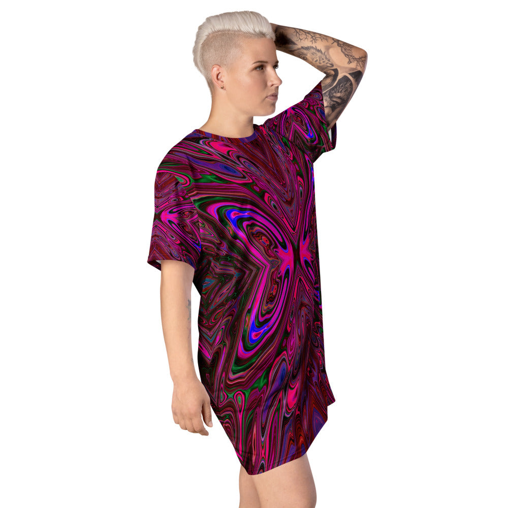 T Shirt Dress, Trippy Hot Pink, Red and Blue Abstract Butterfly