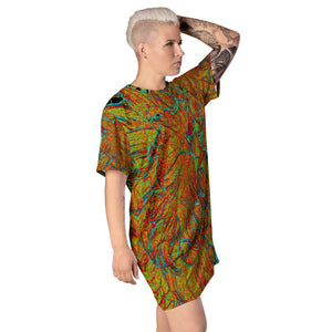 T Shirt Dress, Abstract Burnt Orange and Green Dahlia Bloom