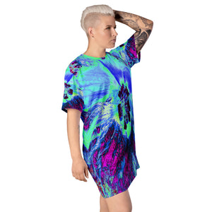 T Shirt Dress, Psychedelic Retro Green and Blue Hibiscus Flower