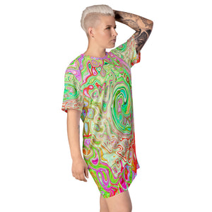 T Shirt Dress, Groovy Abstract Retro Pastel Green Liquid Swirl