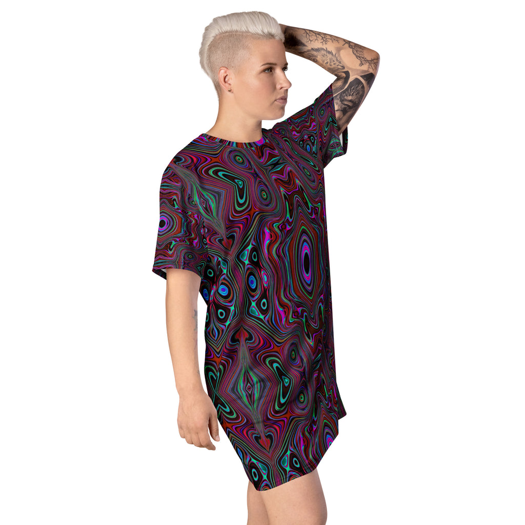 T Shirt Dress, Trippy Seafoam Green and Magenta Abstract Pattern