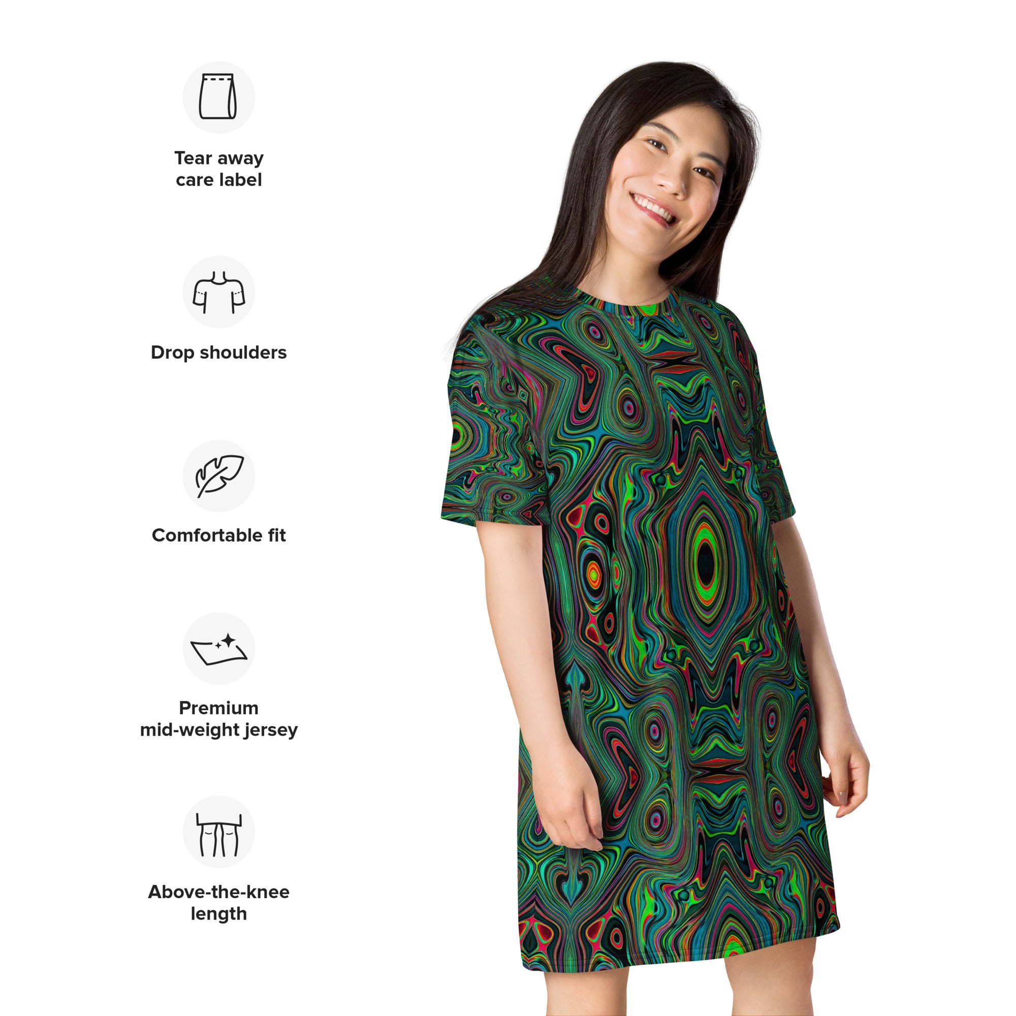 T Shirt Dress, Trippy Retro Black and Lime Green Abstract Pattern