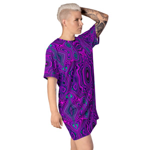 T Shirt Dress, Trippy Retro Magenta and Black Abstract Pattern