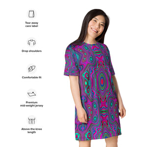 T Shirt Dress, Trippy Retro Magenta, Blue and Green Abstract