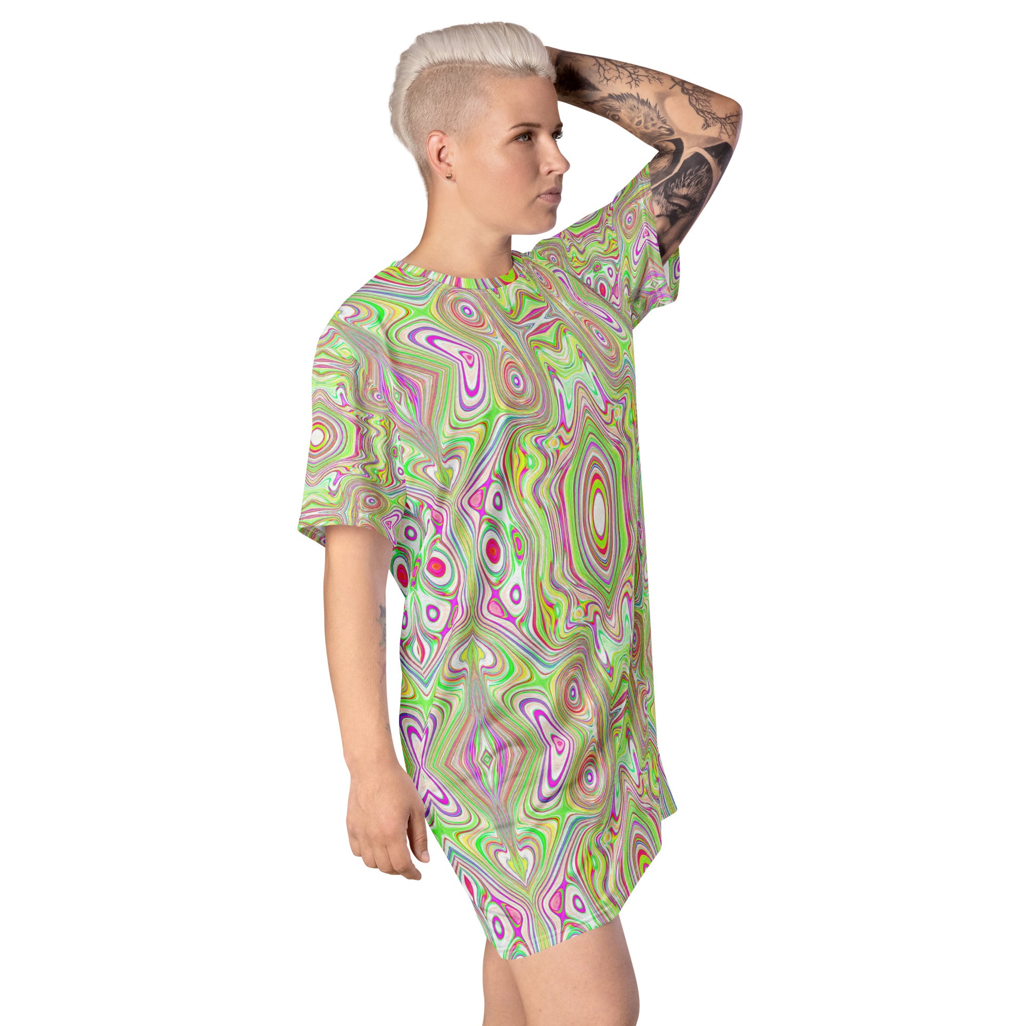 T Shirt Dress, Trippy Retro Pink and Lime Green Abstract Pattern