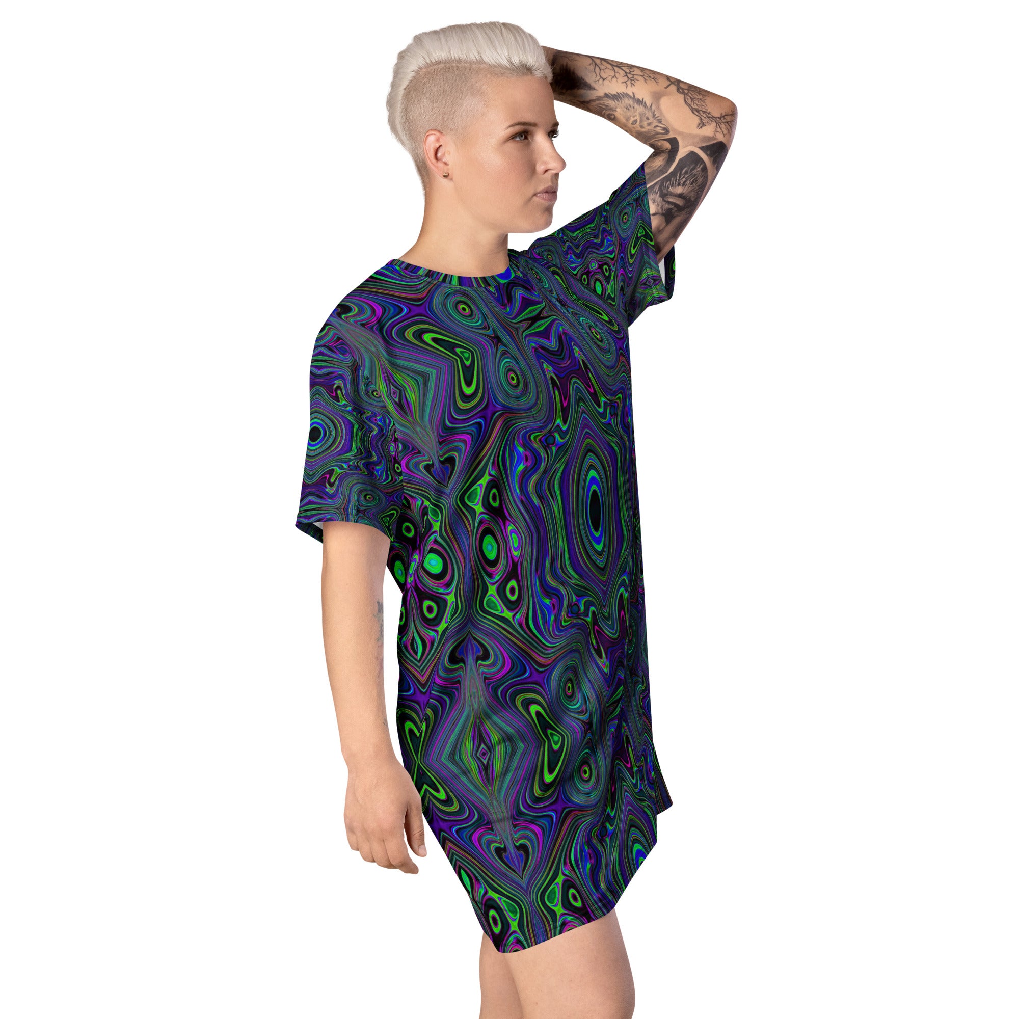 T Shirt Dress, Trippy Retro Royal Blue and Lime Green Abstract