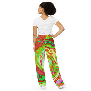 Lounge Pants, Groovy Abstract Retro Red and Green Swirl