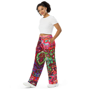 Lounge Pants, Watercolor Red Groovy Abstract Retro Liquid Swirl