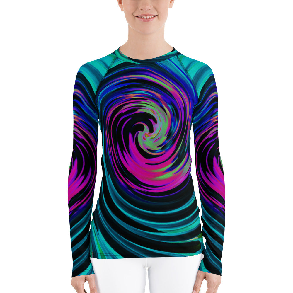 Women's Rash Guards, Dramatic Black and Turquoise Abstract Retro Twirl