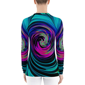 Women's Rash Guards, Dramatic Black and Turquoise Abstract Retro Twirl