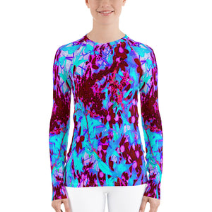 Women's Rash Guards, Crimson Red and Pink Wildflowers on Blue