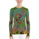 Women's Rash Guards, Groovy Abstract Retro Lime Green and Blue Swirl