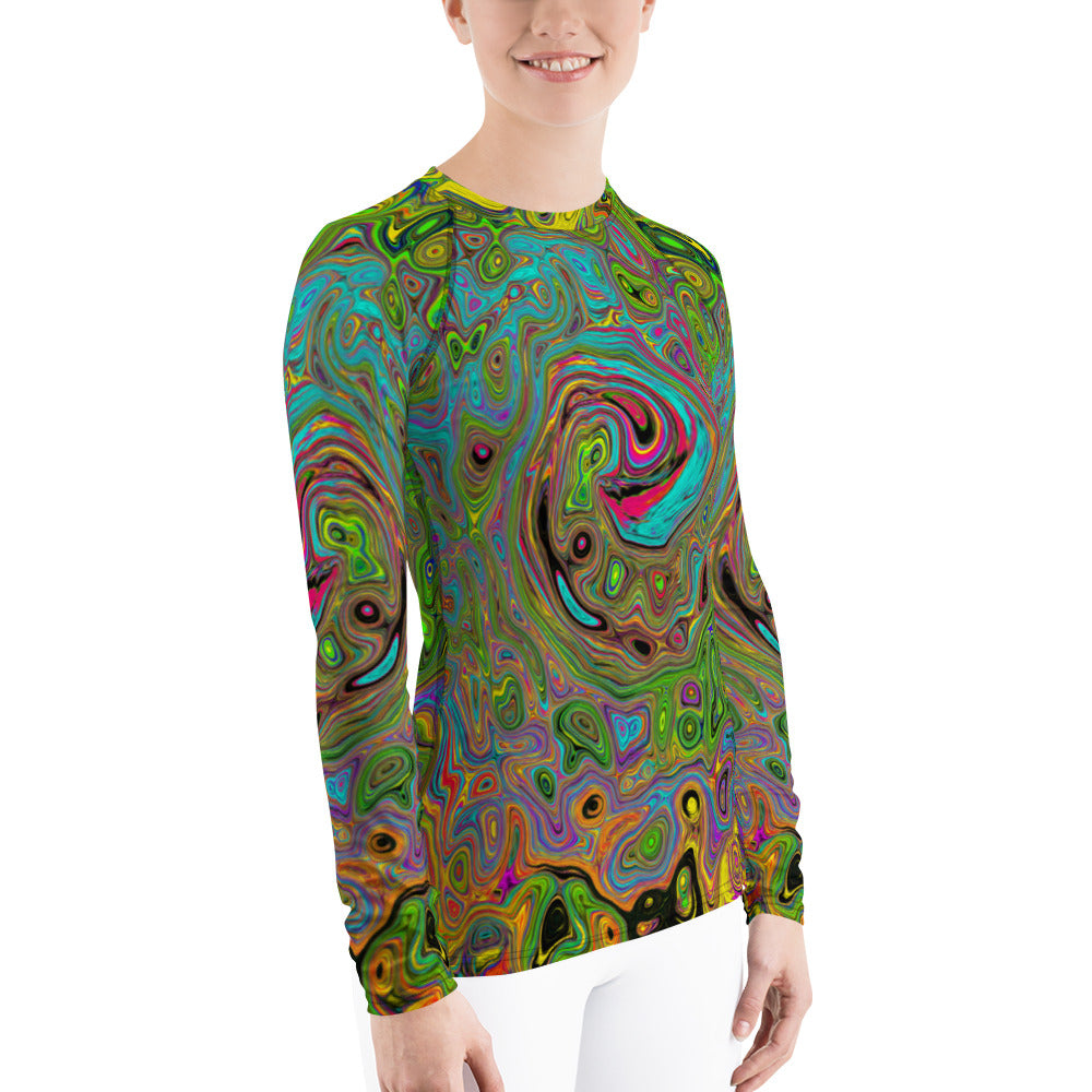 Women's Rash Guards, Groovy Abstract Retro Lime Green and Blue Swirl