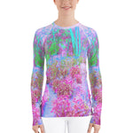 Women's Rash Guard Shirts, Impressionistic Pink and Turquoise Garden Landscape