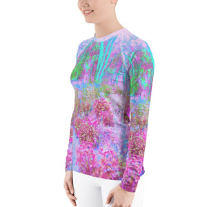 Women's Rash Guard Shirts, Impressionistic Pink and Turquoise Garden Landscape