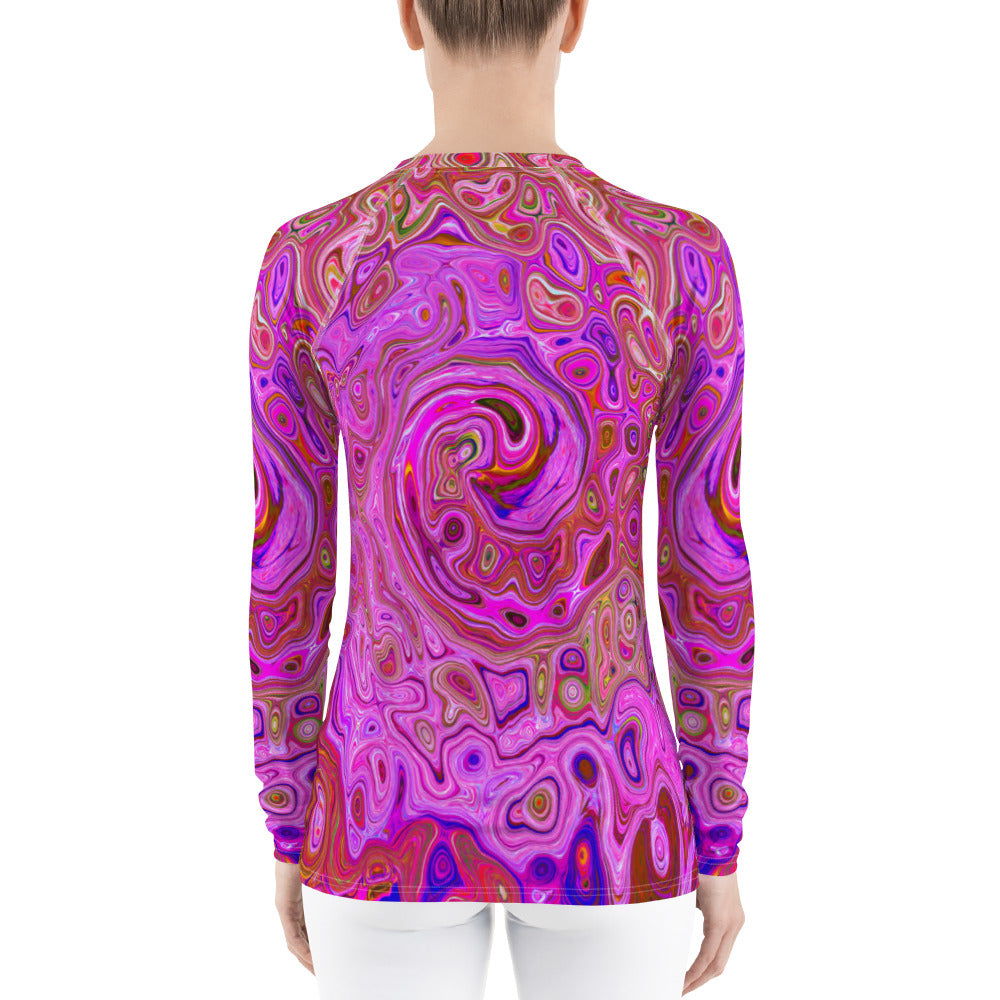Women's Rash Guard Shirts, Hot Pink Marbled Colors Abstract Retro Swirl