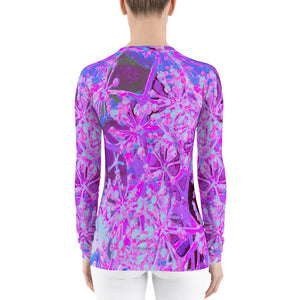 Women's Rash Guard Shirts, Cool Abstract Retro Nature in Hot Pink and Purple