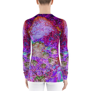 Women's Rash Guard Shirts, Spooky Abstract Orange and Purple Hydrangea Landscape