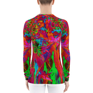 Women's Rash Guard Shirts, Psychedelic Groovy Red and Green Wildflowers