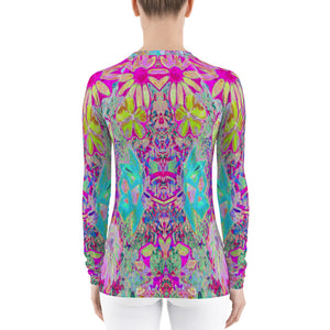 Women's Rash Guard Shirts, Psychedelic Abstract Magenta and Aqua Garden Collage