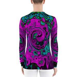 Colorful Women's Rash Guard Shirts, Bold Magenta Abstract Groovy Liquid Art Swirl