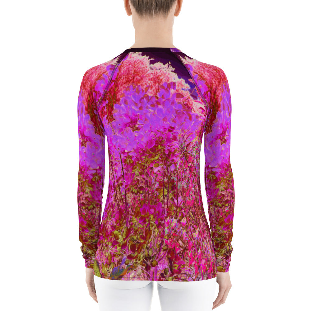 Women's Rash Guard Shirts, Colorful Abstract Foliage Garden with Purple Sunset