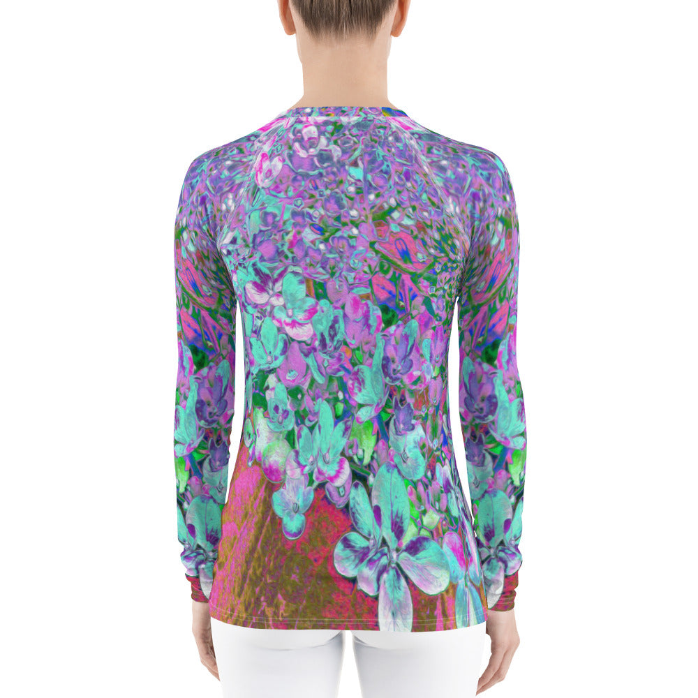 Women's Rash Guard Shirts, Elegant Aqua and Purple Limelight Hydrangea Detail