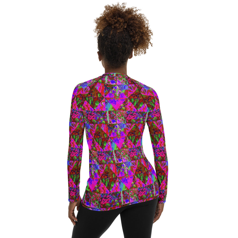 Women's Rash Guard Shirts, Trippy Garden Quilt Painting with Lime Green Hydrangea