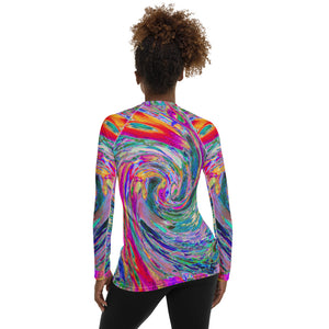 Women's Rash Guard Shirts, Abstract Floral Psychedelic Rainbow Waves of Color