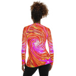 Women's Rash Guard Shirts, Abstract Retro Magenta and Autumn Colors Floral Swirl