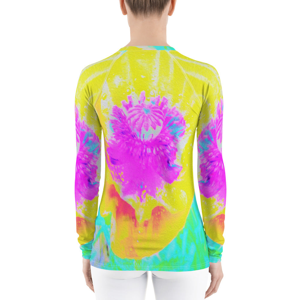 Women's Rash Guard Shirts, Yellow Poppy with Hot Pink Center on Turquoise