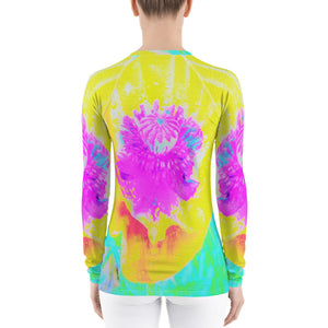Women's Rash Guard Shirts, Yellow Poppy with Hot Pink Center on Turquoise
