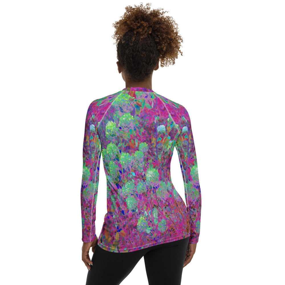 Women's Rash Guard Shirts, Magenta Garden with Aqua Hydrangea Flowers